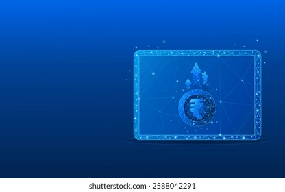 tablet concept of income increase, business and finance in rupees. 3D money in light blue futuristic style on phone screen and growth chart