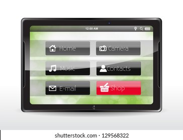 Tablet concept with a red "Shop" button