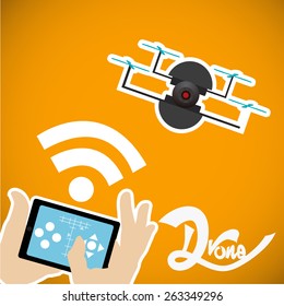 tablet control black drone four helix over yellow background