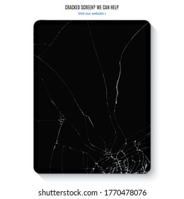 Tablette mit Risse-Touchscreen für Reparaturdienst einzeln auf weißem Hintergrund. realistisches und detailliertes Gerät mit Schatten. Stockvektorgrafik