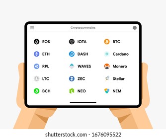 Comprimido con criptomonedas. Bitcoin, Dash, Monero, Ripple, Ethereum, EOS, BTC, Cardano. Vector EPS 10