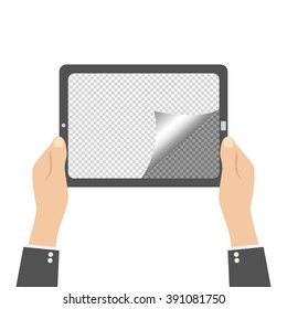 Tablet with curl page in hands. isolated paper