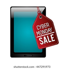 Tablet with cyber monday discount offer, vector illustration.