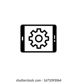 Tablet data settings vector icon in black solid flat design icon isolated on white background