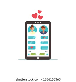 Tablet dating chat site. Virtual love on a tablet through a dating site. Vector flat illustration