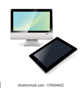 tablet with desktop computer isolated on white background