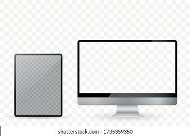 Tablet and desktop computers with white screen on a transparent background