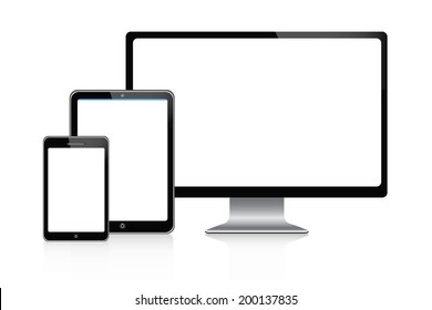 Tablet and desktop computers with white screen on a white background