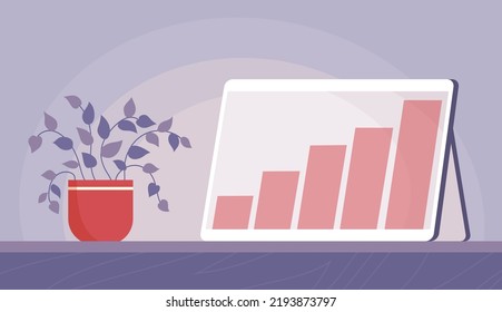 Dispositivo de tableta y flor decorativa maceta en el escritorio. Pantalla del ordenador. El concepto de trabajo a distancia, negocios exitosos, crecimiento financiero. Ilustración vectorial para fondo y banner