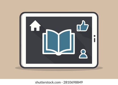 Tablet device displays a digital library application interface with icons for home, user profile, likes, and an open book for online reading.