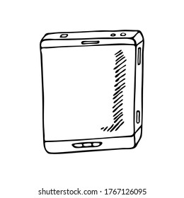 Tablet device in doodle style isolated on white background. Template for postcard, banner, poster, web design. Hand Drawn vector illustration.