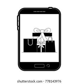 tablet device front view with gift boxes and shopping bags in screen in black silhouette