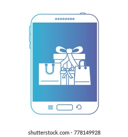 tablet device front view with gift boxes and shopping bags in screen in degraded blue to purple color contour