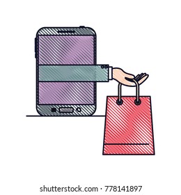 tablet device with hand holding shopping bag of purchase online in colored crayon silhouette