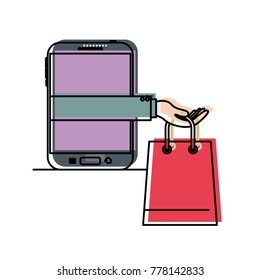 tablet device with hand holding shopping bag of purchase online in watercolor silhouette