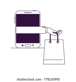 tablet device with hand holding shopping bag of purchase online in purple dotted silhouette