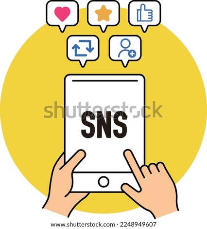 Tablet device icon. Enjoy SNS. Communication between online users. Internet addiction. social problem.