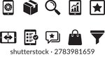 Tablet device interfaces gear search icons box packaging graph charts mobile app elements star bag filter icons
