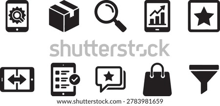 Tablet device interfaces gear search icons box packaging graph charts mobile app elements star bag filter icons