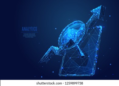 Tablet device and magnifying glass and arrow up. Abstract Low-poly wireframe vector technology illustration. Starry sky and cosmos style in blue color. Digital concept of gadgets and devices themes.