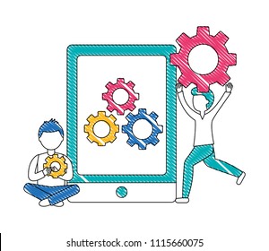 tablet device with men and gears machine isolated icon