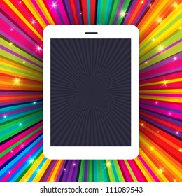 Tablet device on colorful rays background. Conceptual illustration, vector, EPS10