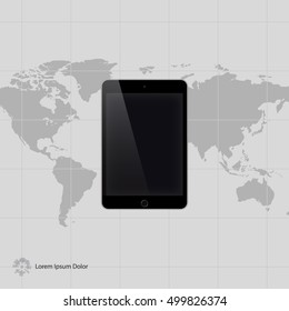 Tablet Device on Map Background. Vector Illustration.