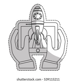 tablet device with rocket launching icon over white background. start-up concept. vector illustration