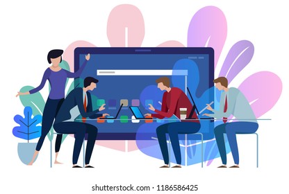 Tablet device screen. Business team working talking together at big conference desk. Vector illustration on white background.