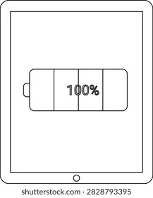 A tablet device screen displays a battery icon indicating 100% charge.