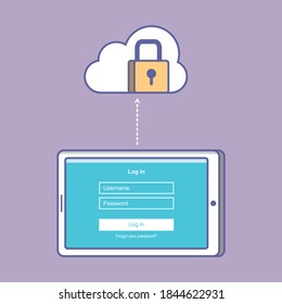 Tablet device tries log in to cloud vector illustration