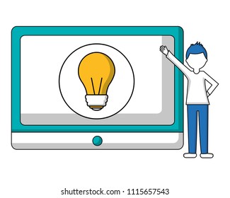 tablet device with young man and light bulb isolated icon