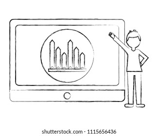 tablet device with young man and statistical graphics