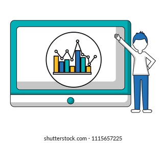tablet device with young man and statistical graphics