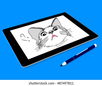 Tablet and digital stylus. Illustration hand draw style on tablet by digital pen. Cute cat