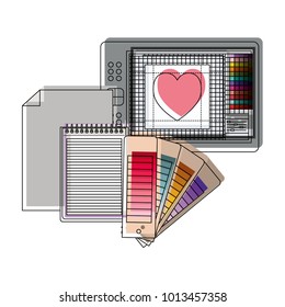 tablet digitizer and palette color guide and notebook in watercolor silhouette