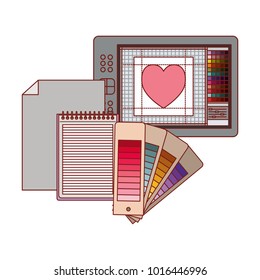 tablet digitizer and palette color guide and notebook in colorful silhouette with thin red contour