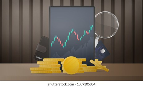 Tablet with display of stock market quotes, gold coins, bank card, coin and magnifying glass. Stock market investment trading concept.  Vector illustration.