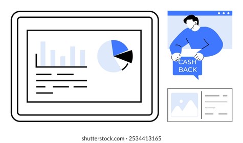 Una tableta que muestra gráficos financieros y gráficos incluye gráfico de barras y gráfico circular. Una persona que sostiene un cartel que dice devolución de dinero representa el concepto de recompensas financieras. Ideal para servicios financieros