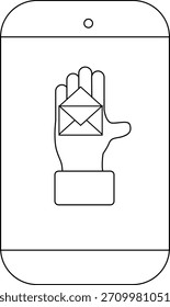 Tablet mit einer Hand, die einen Umschlag hält