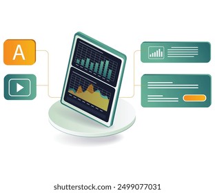 Tablet displaying line graph, phone showing bar graph, both devices with financial data analysis charts