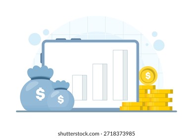 Tableta que muestra el análisis en línea del gráfico de barras con la pila de monedas de oro. Ilustración de fondo aislada para análisis financiero, rendimiento empresarial, perspectivas de inversión y marketing digital.
