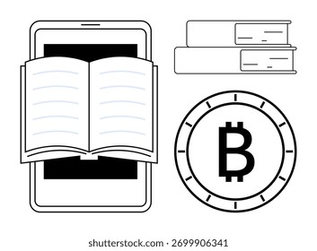 Tablet com livro aberto, dois livros empilhados e um símbolo Bitcoin. Ideal para educação on-line, criptomoeda, e-learning, bibliotecas digitais, alfabetização financeira, educação moderna e acadêmica