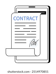 Tablet displaying signed contract, emphasizing digital agreements. Ideal for legal services, business deals, remote work, electronic signatures, and modern communication. Flat, clean outline.