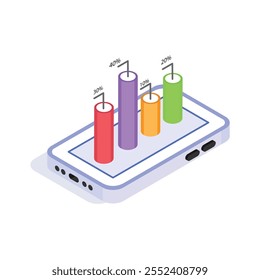Tablet exibindo um gráfico de barras verticais com indicadores de porcentagem