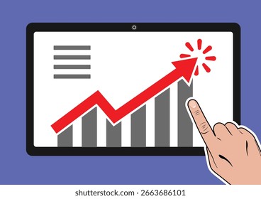 Um tablet exibe um gráfico de crescimento da empresa com uma seta apontando para cima, e uma mão está tocando a tela. Isso representa o sucesso financeiro e a análise de mercado.