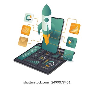 A tablet displays a rocket launching into the sky, symbolizing innovation and technological advancement