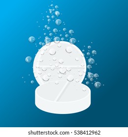 Tablet Dissolving in water isolated on white. Tablet with water drops. Vector illustration. Medicine packaging design template.