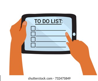a tablet with a to do list and holding hands of a man or a woman; a cartoon vector illustration in flat simple style; a top view; isolated on white background