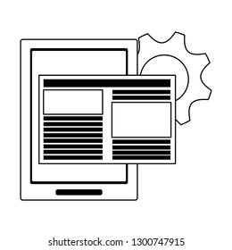 tablet with document and gear symbols black and white